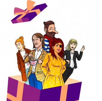 Aimigo Coach characters looking out of a gift box